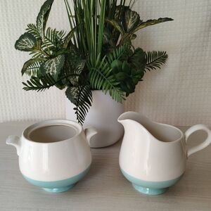 Vintage Two Tone Light Blue and Off White Creamer and Sugar Bowl
